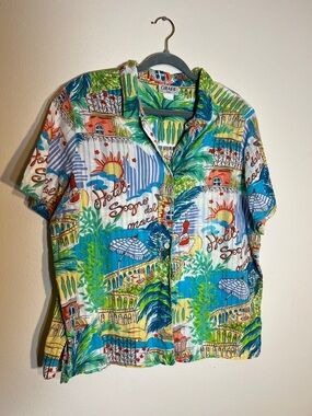 Graff Lady Colorful Cotton Tropical Print Short-Sleeve Button-Down Shirt Large